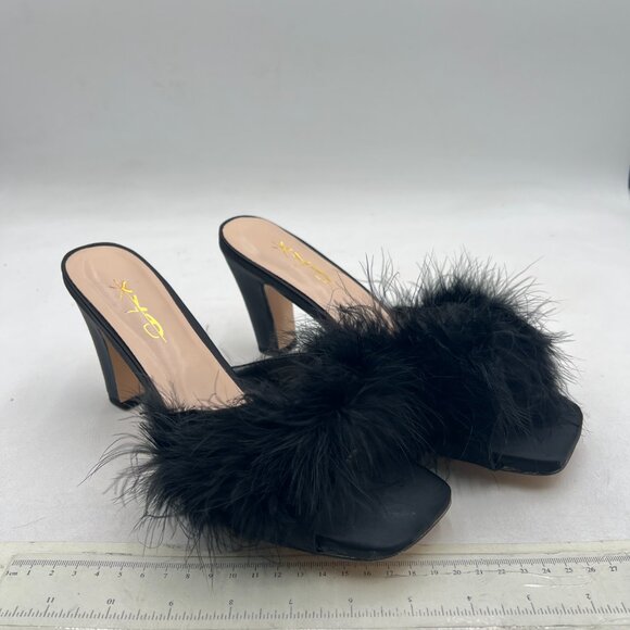 XYD Black Block Heel Mules Faux-fur Open Square Toe High Heel Slides Sandals - Picture 4 of 8